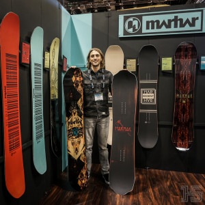 Nate Morse of Marhar Snowboards with their 2016/17 Archaic and Lumberjack all-mountain snowboards at SIA 2016