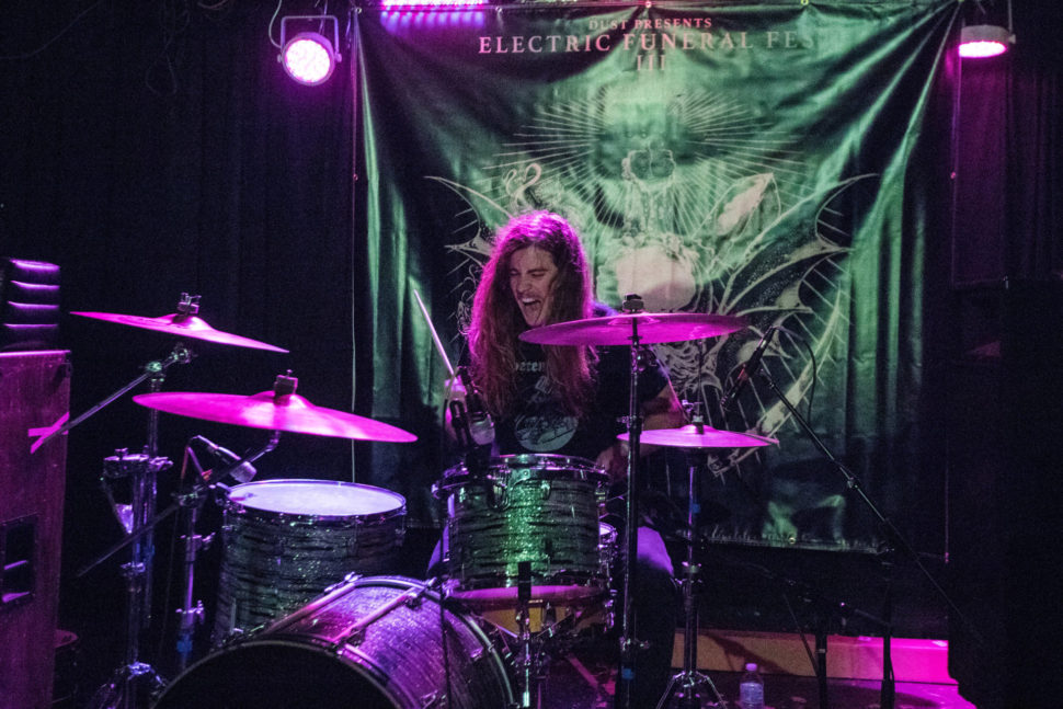 Shaun Goodwin plays drums with Love Gang - photo by Mike Goodwin